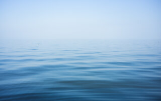 A calm, blue ocean stretches to the horizon under a clear sky, with gentle ripples on the water's surface.