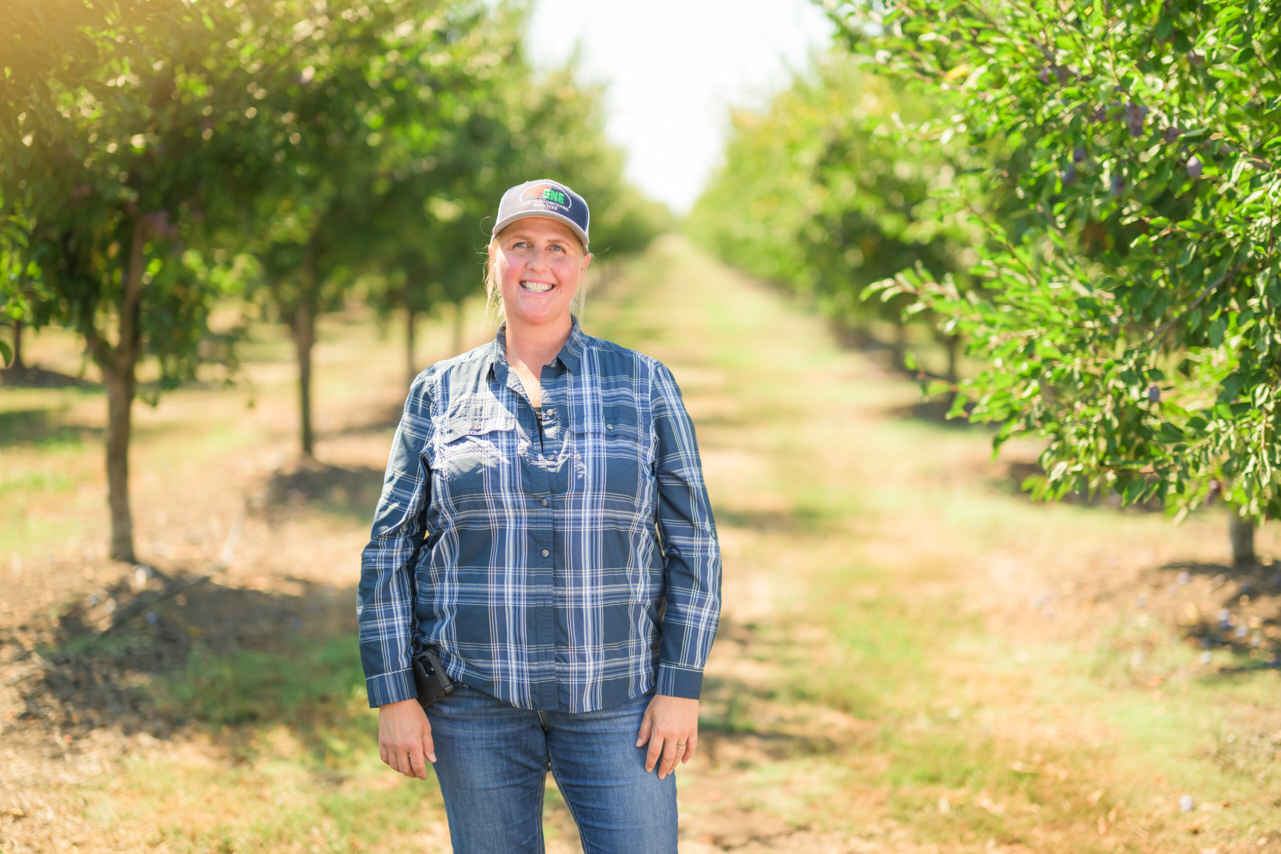 A person in a plaid shirt and cap stands smiling in the middle of a sunny orchard lined with ripe prune trees.